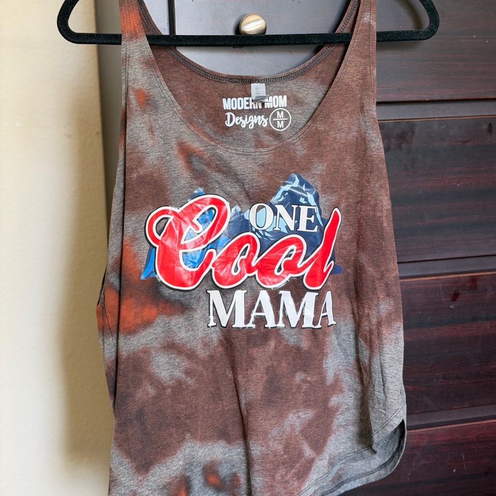 Next Level Apparel Brown Tie-Dye "One Cool Mama" Tank with Red & Blue Graphic